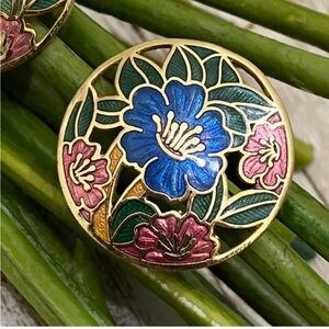 Vintage Cloisonne Enamel Flower Design Round, Clip-on Earrings with Gold Accents